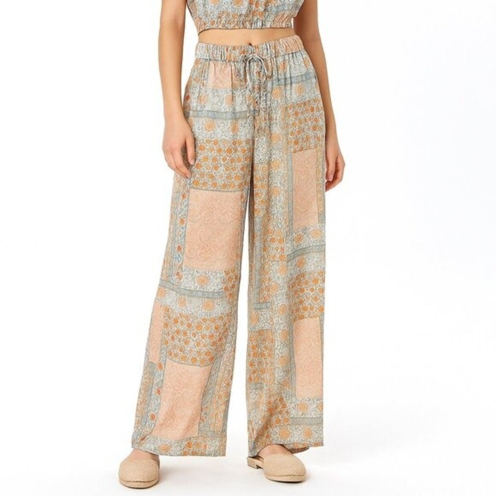 NEW dRA Wide Leg Pants Multicolor Womens Large Patchwork Floral Boho Drawstring